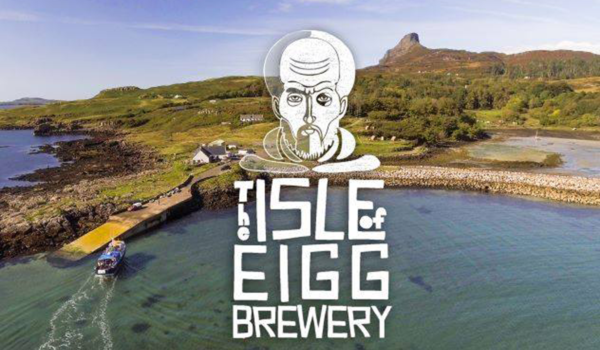 Isle of Eigg Brewery logo superimposed on a photo of Eigg's harbour